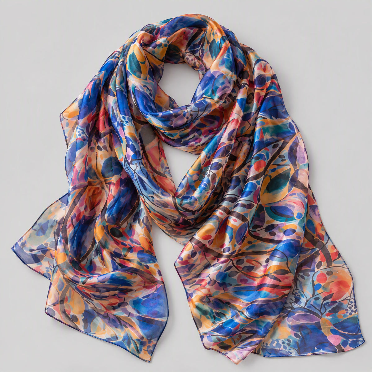 Blue Orange Large Floral Mulberry Silk Oversized Scarf – 69 x 43 in