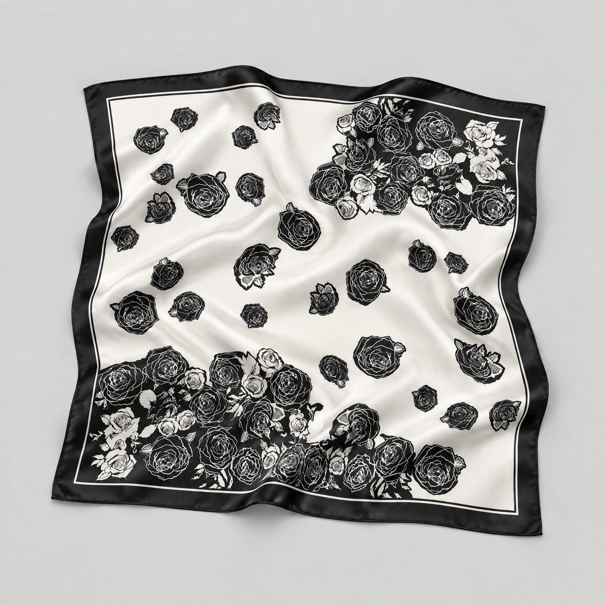 Black White Rose Mulberry Silk Square Scarf – 21 x 21 in