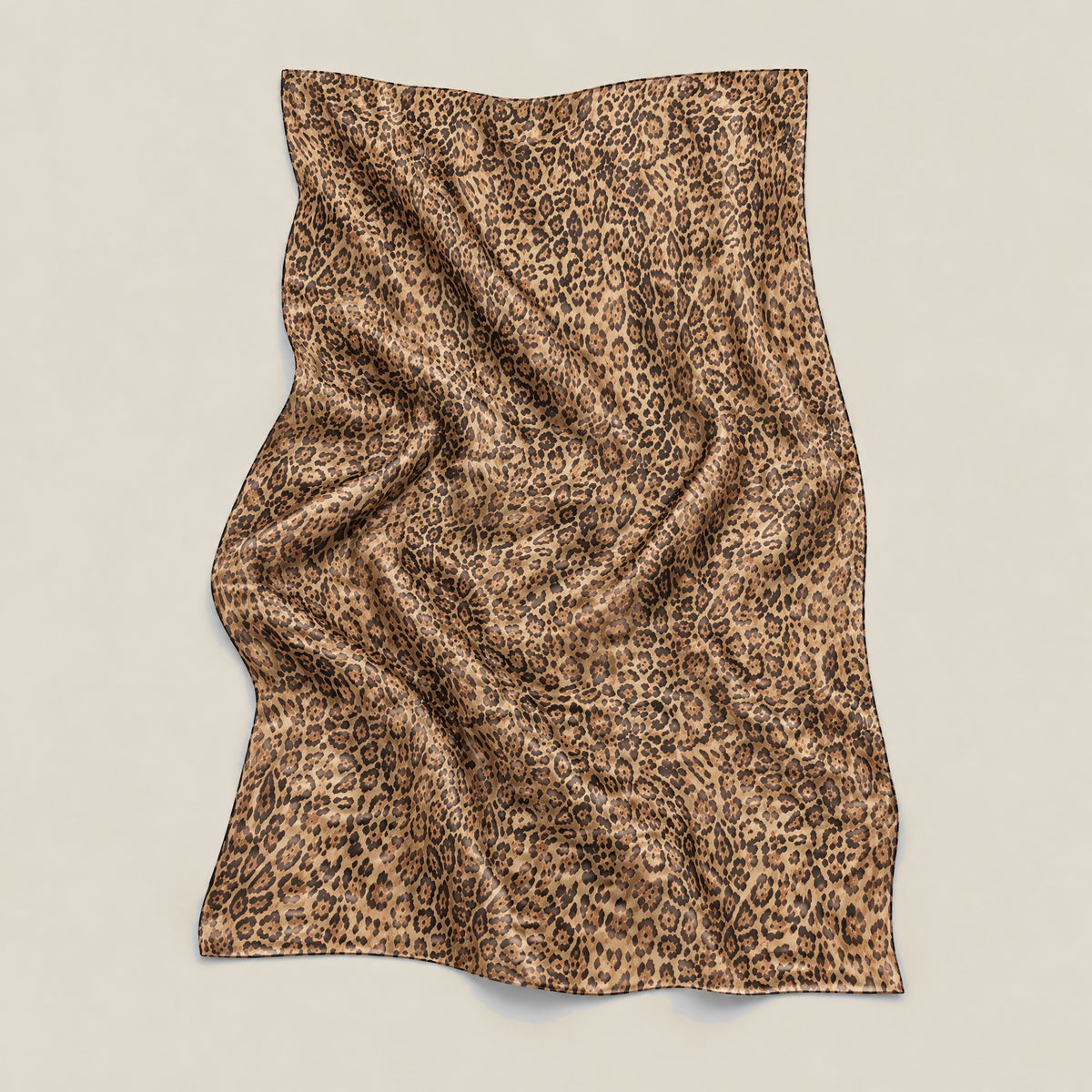 Yellow brown leopard print mulberry silk scarf, 69 x 43 in detail showing silk texture and print