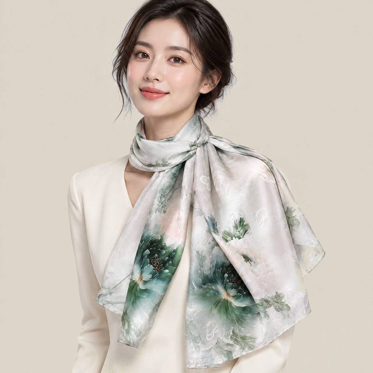 Woman wearing Ink Jade Blossoms jacquard mulberry silk scarf