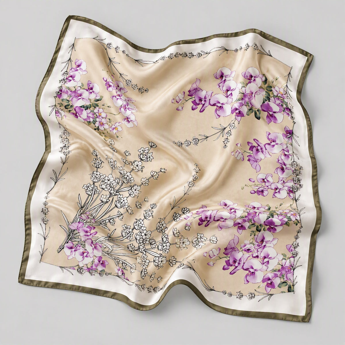 Khaki Purple Small Flower Mulberry Silk Square Scarf – 26 x 26 in