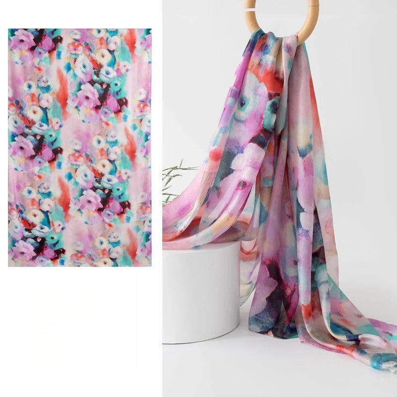 Long 100% Mulberry Silk Scarf – Bohemian Floral Lightweight Shawl, 43 x 69 in