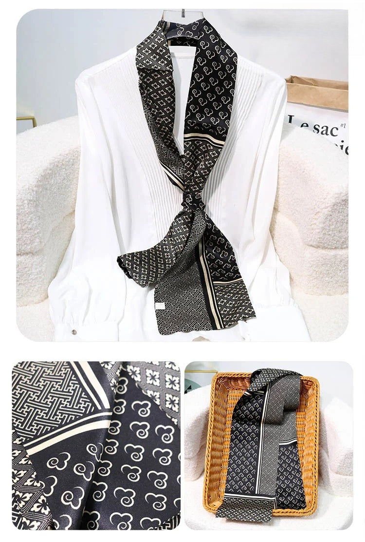 Slim 100% Mulberry Silk Scarf – Printed Lightweight Shawl, 6 x 59 in