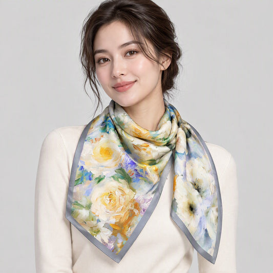 Misty White Rose Slim Mulberry Silk Scarf – 6 x 59 in