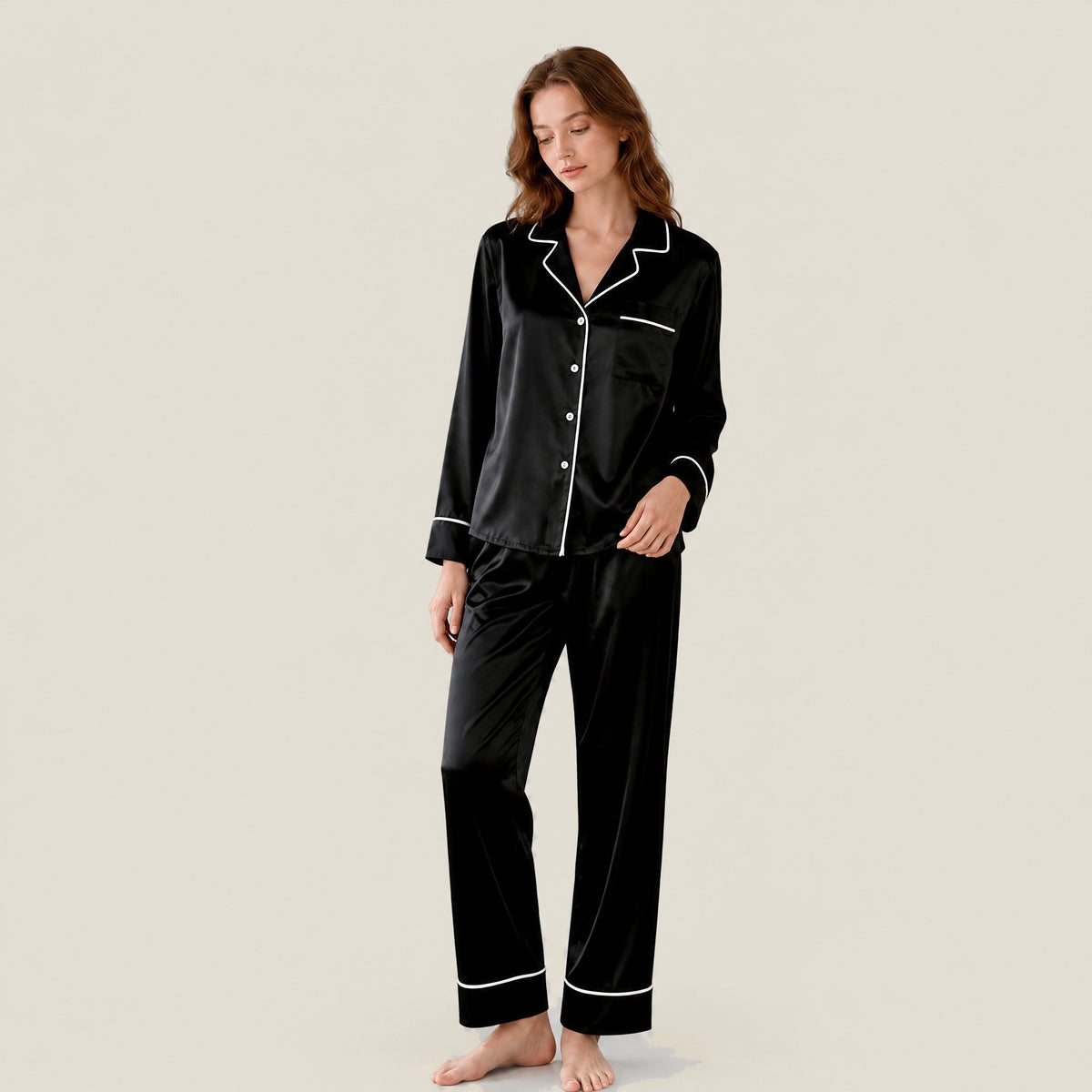 19 Momme Long Sleeve 100% Mulberry Silk Pajama Set – Button-Up with Contrast Piping