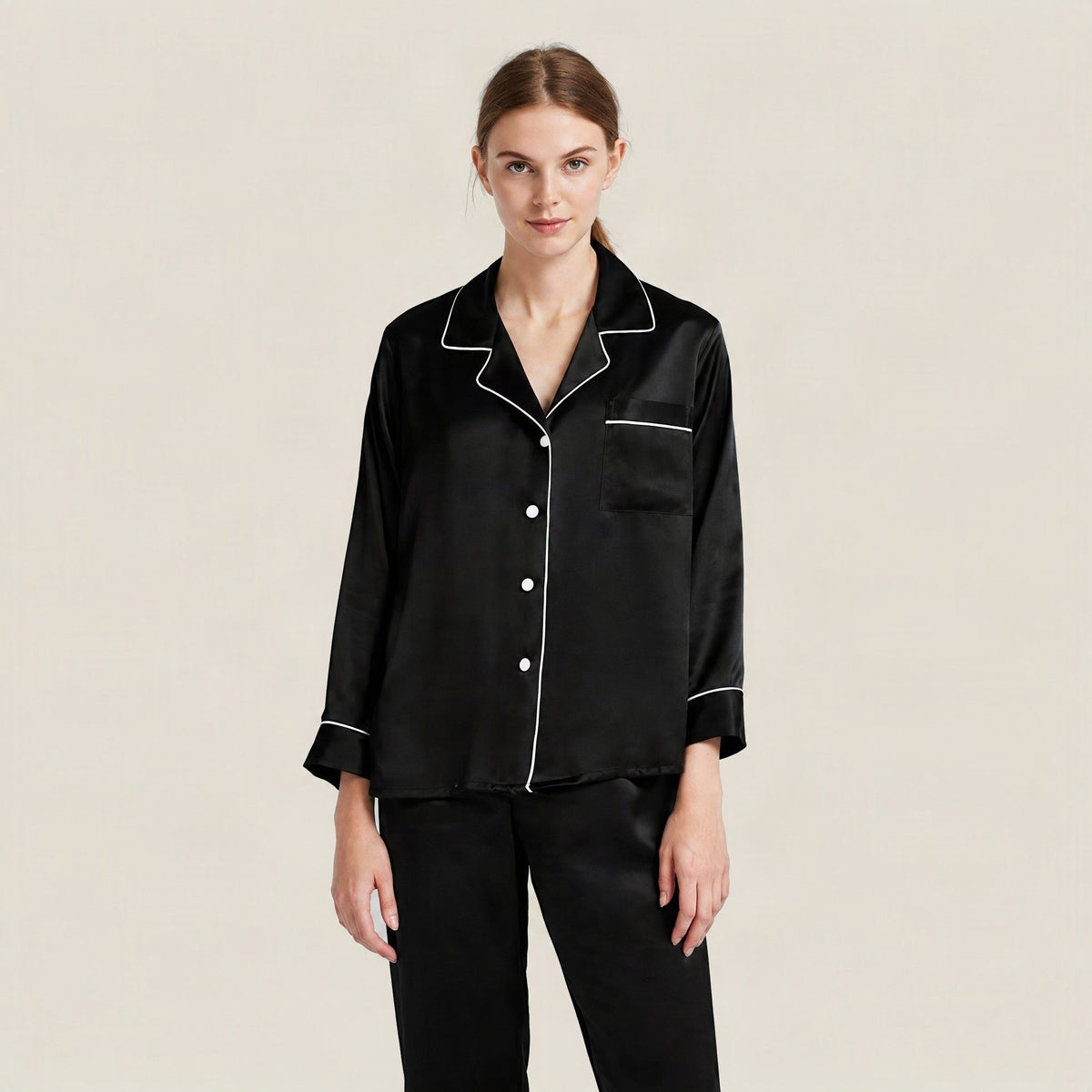 Black 19 Momme Long Sleeve 100% Mulberry Silk Pajama Set – Notch Lapel Loungewear