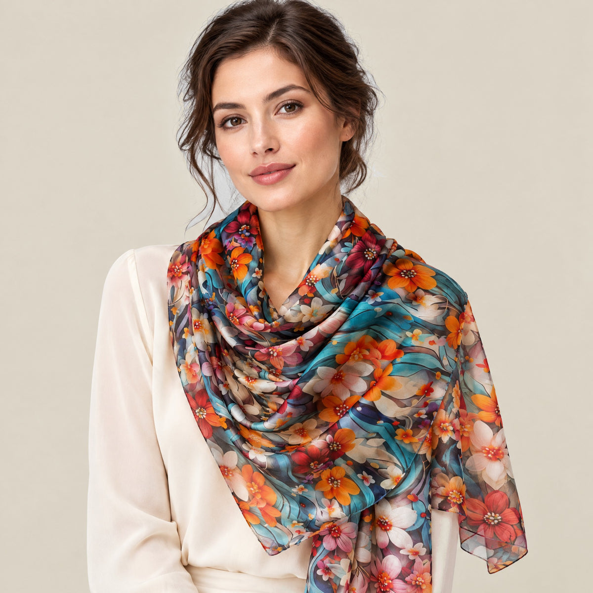 Woman wearing Ink Wash Small Florals mulberry silk scarf