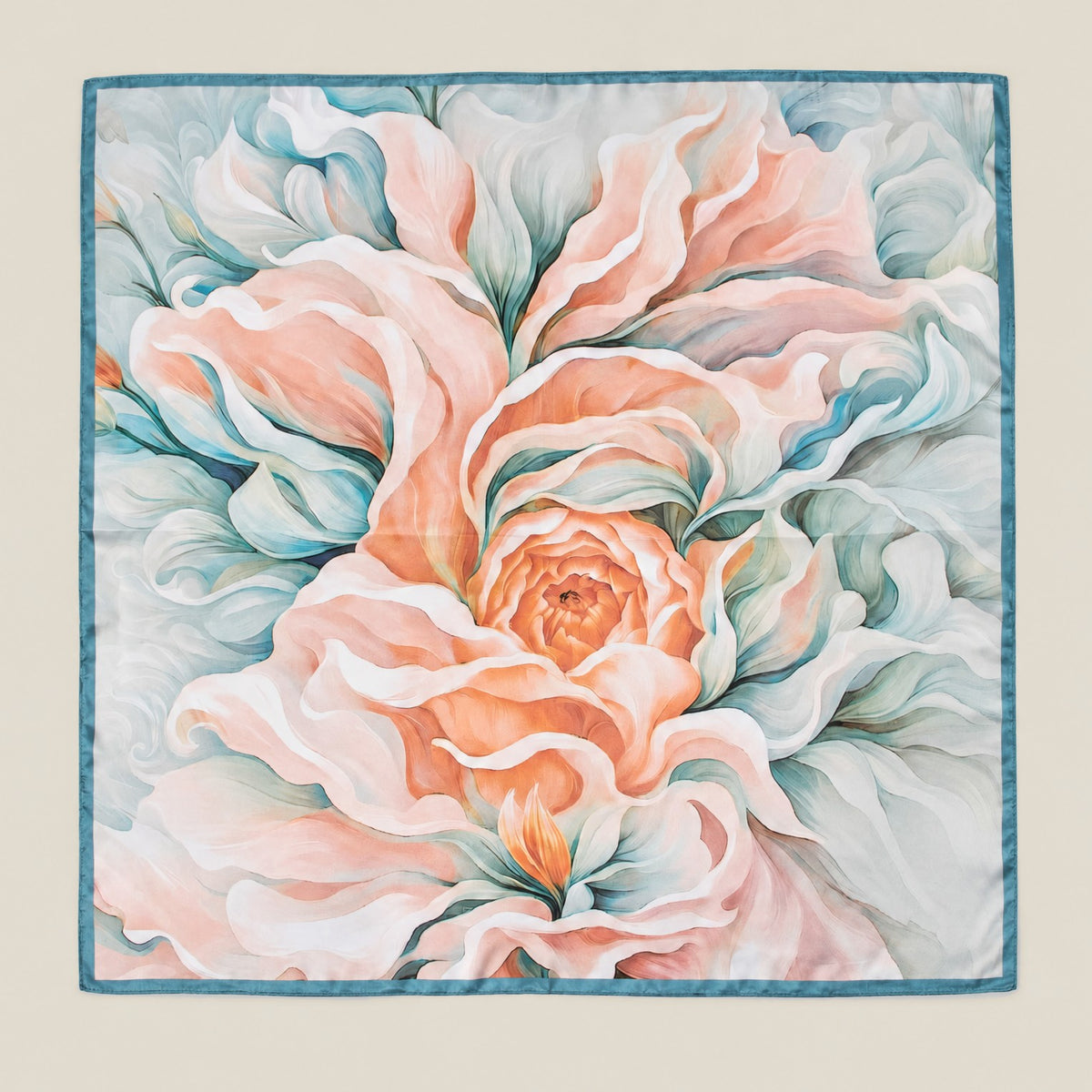 Blue Edge Peony mulberry silk square scarf