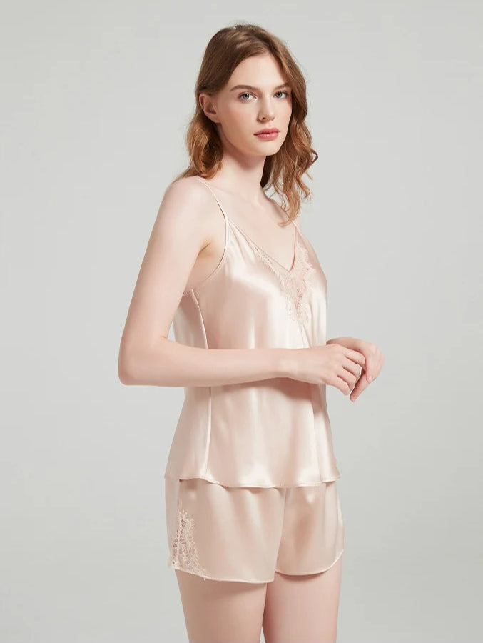 19 Momme Sleeveless 100% Mulberry Silk Pajama Set – V-Neck Lace-Trim Cami & Shorts