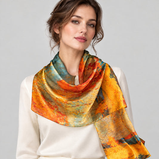 Golden Forest Mulberry Silk Long Scarf – 22 x 67 in