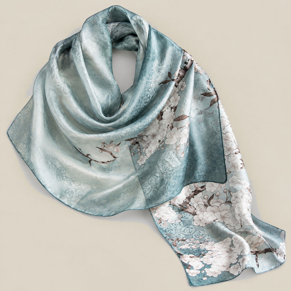 Winter plum mulberry silk scarf, 22 x 67 in detail showing silk texture and print