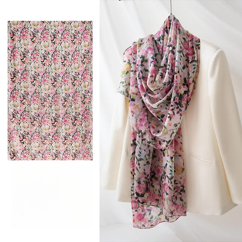 Long 100% Mulberry Silk Scarf – Bohemian Floral Lightweight Shawl, 43 x 69 in