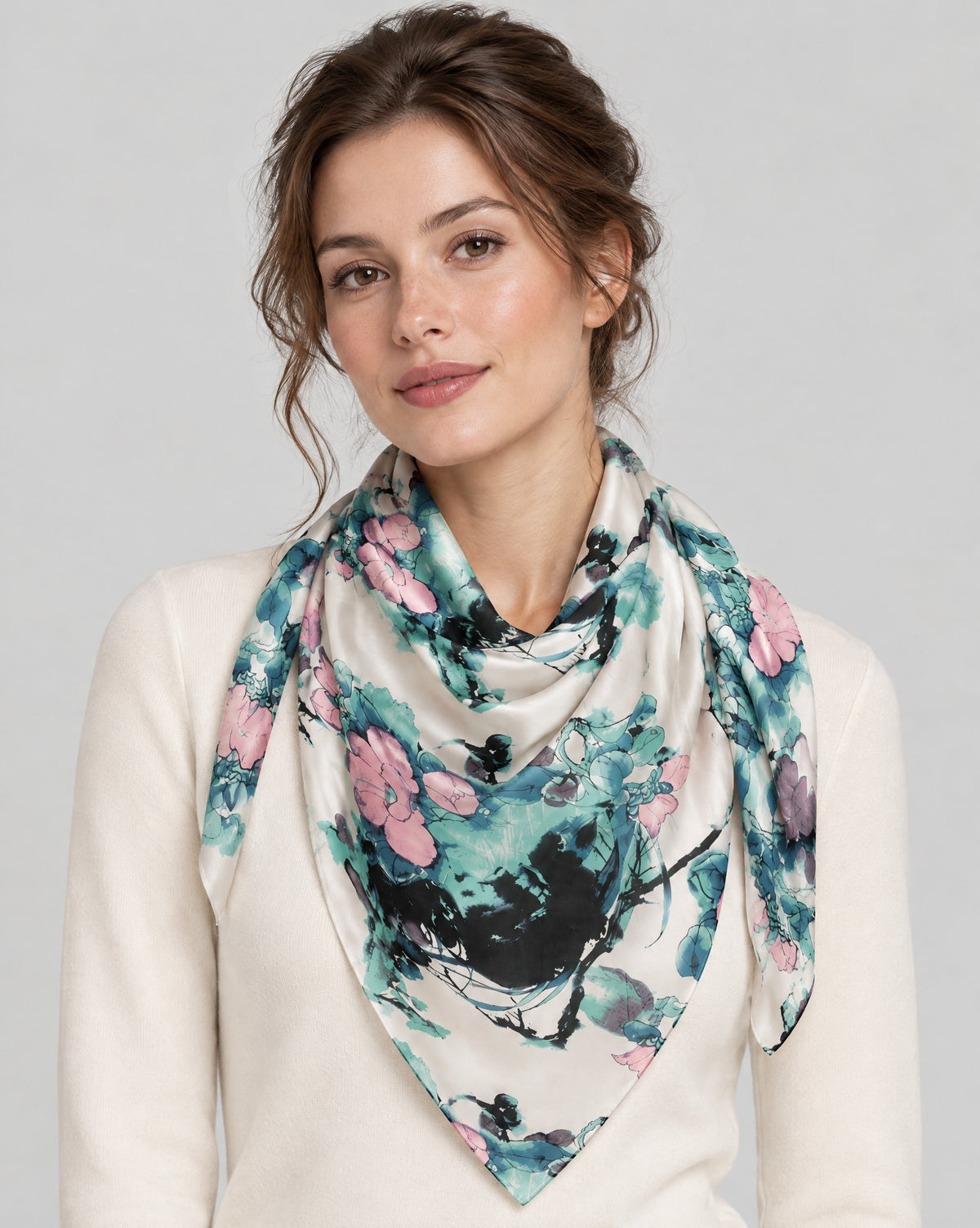 Ink Wash Peach Blossom Mulberry Silk Scarf – 69 x 43 in