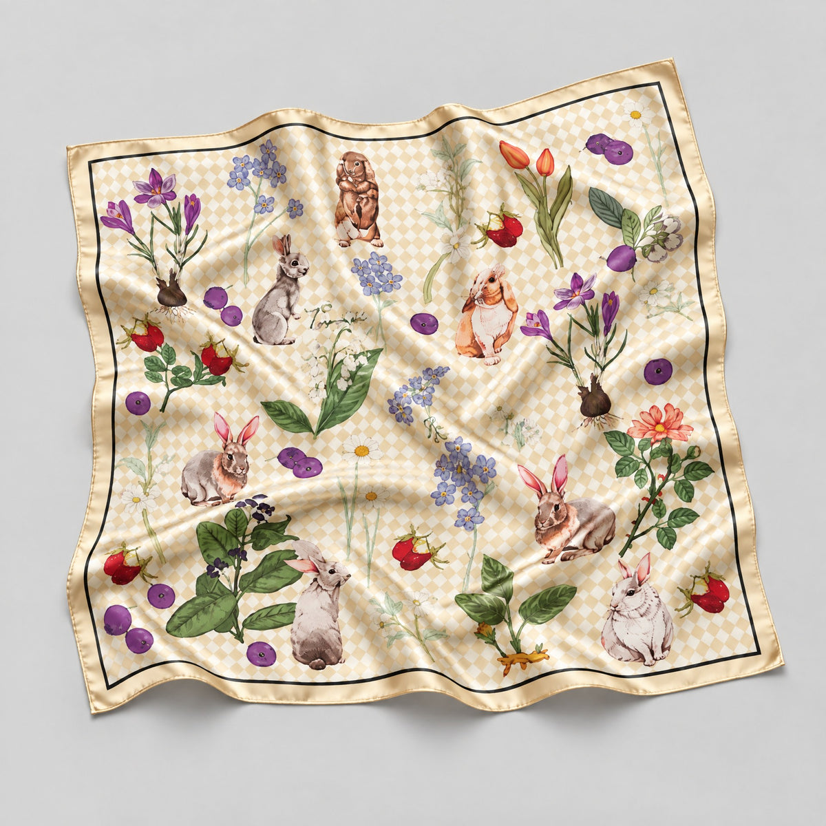 Light Khaki Cartoon Mulberry Silk Square Scarf – 21 x 21 in