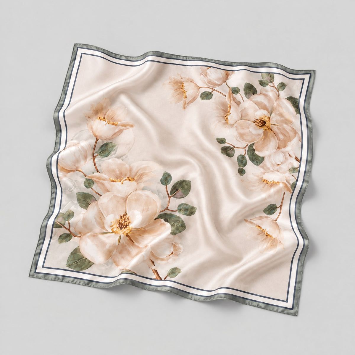 Beige Peony Mulberry Silk Square Scarf – 21 x 21 in