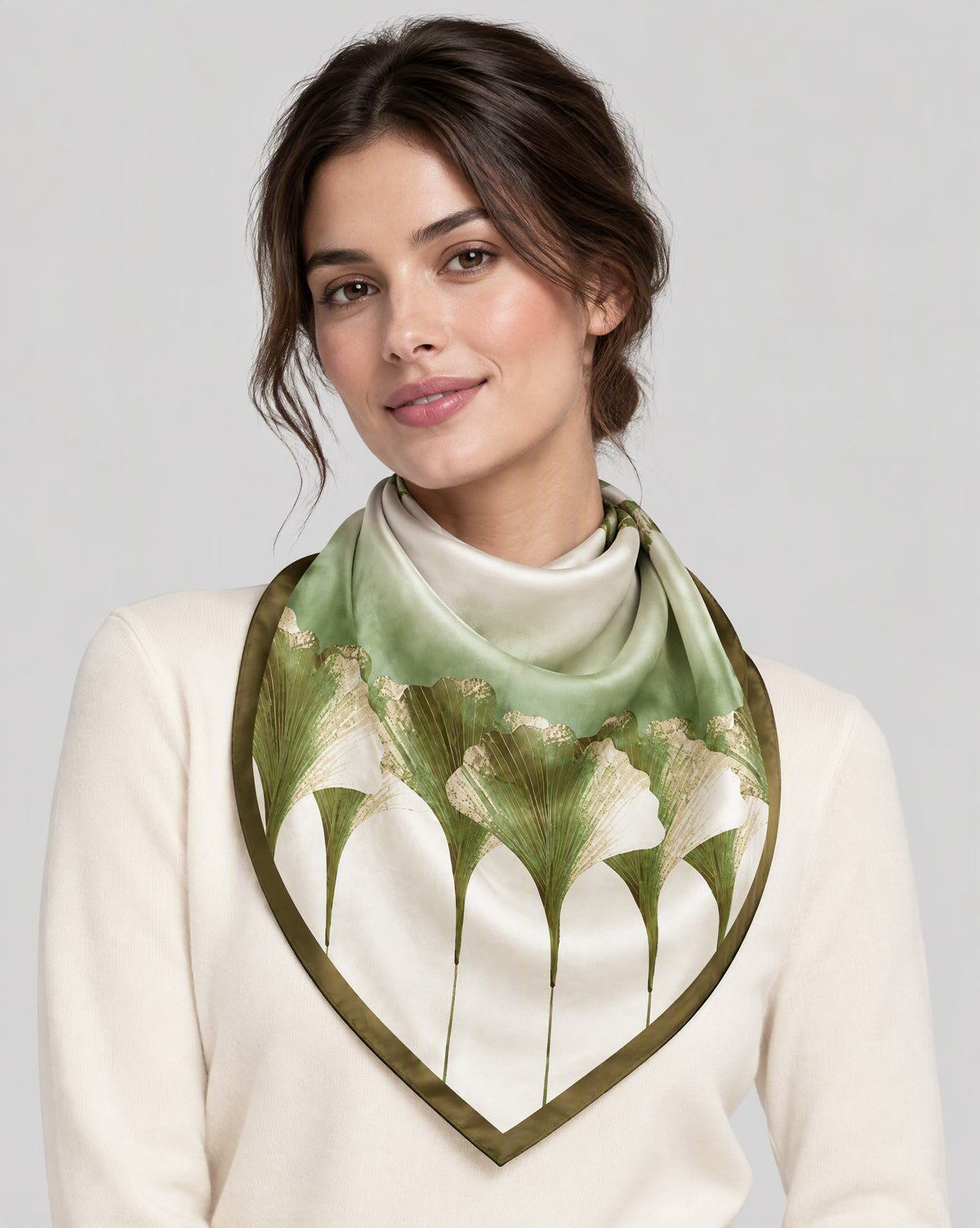 Dark Green Ginkgo Mulberry Silk Square Scarf – 21 x 21 in