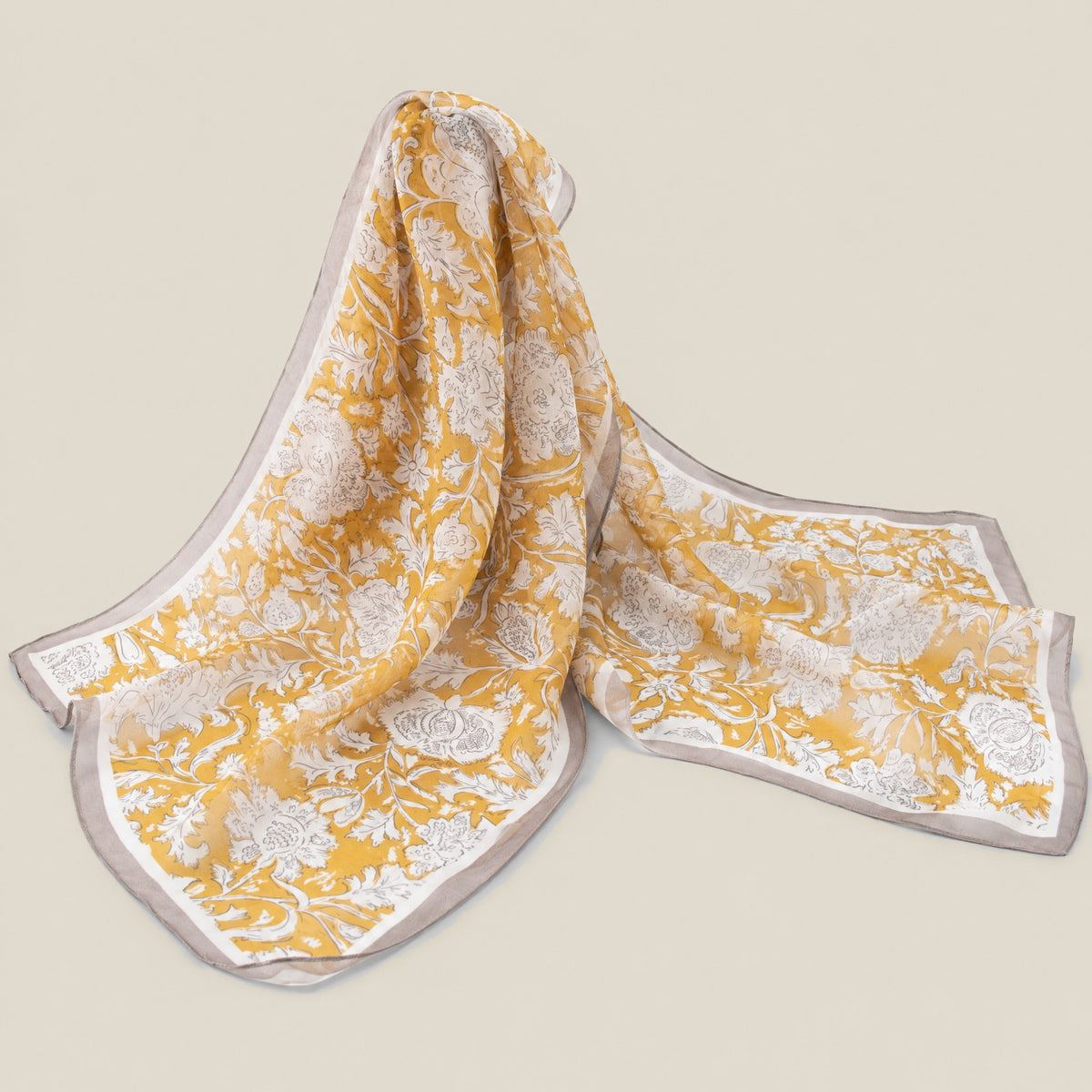 Yellow Dandelion mulberry silk long scarf detail showing silk texture and print