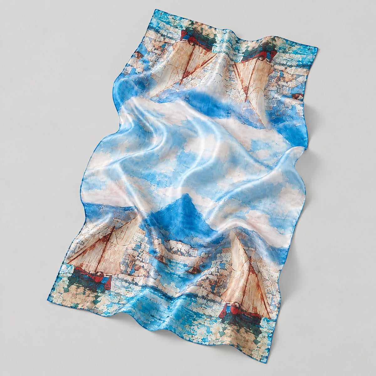 Blue Sea Boat Mulberry Silk Scarf – 69 x 43 in