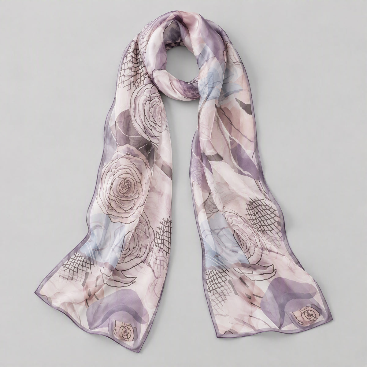 Light Purple Camellia Mulberry Silk Long Scarf – 16.5 x 63 in