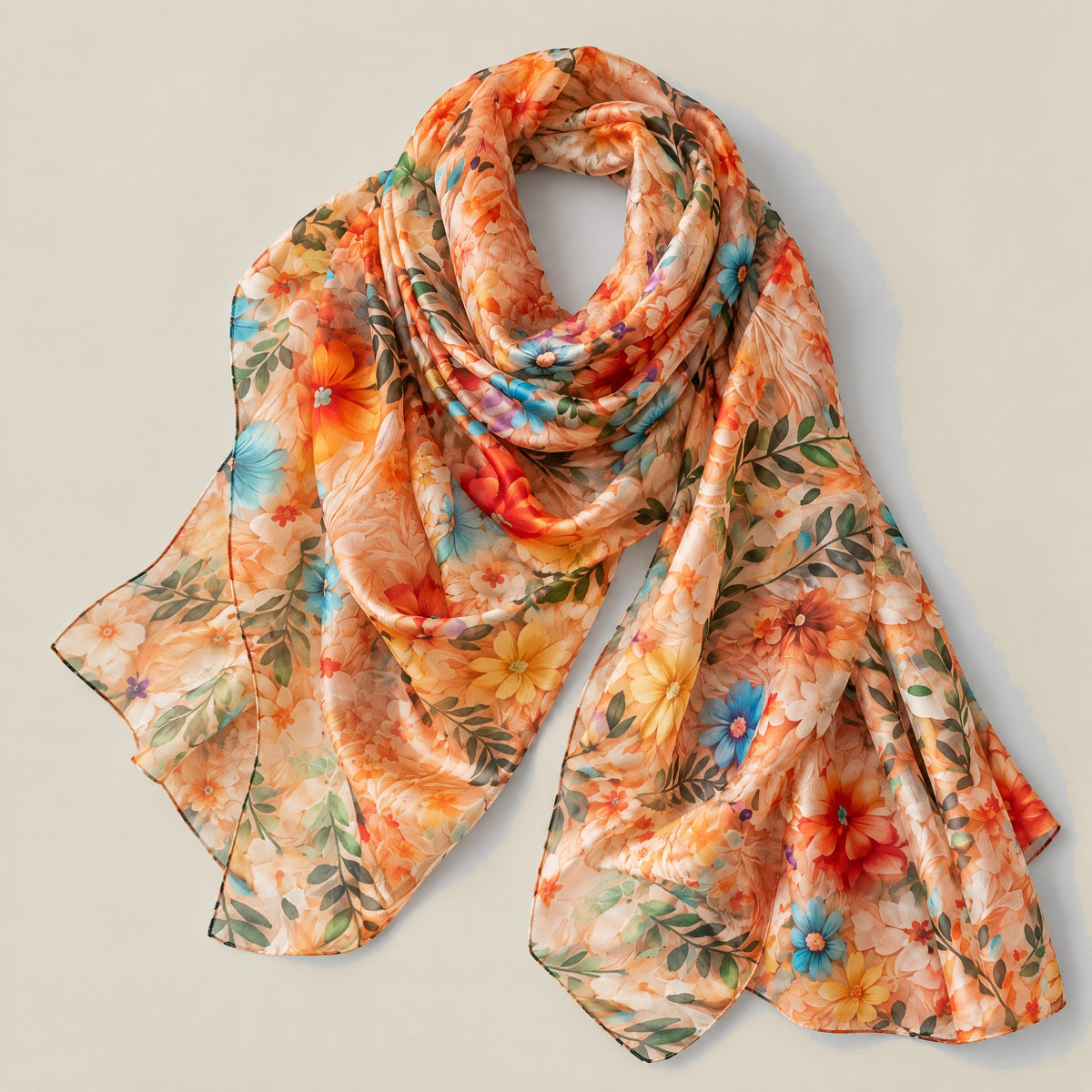 Orange small floral mulberry silk scarf detail showing silk texture and print