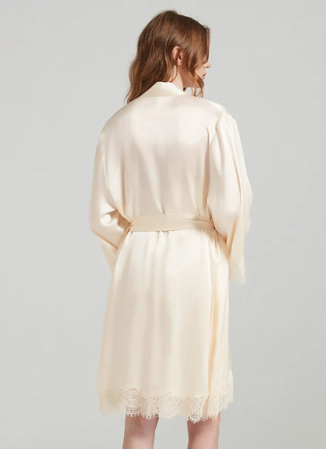 19 Momme Lace-Trim 100% Mulberry Silk Robe & Camisole Set – Women's Sleepwear Loungewear