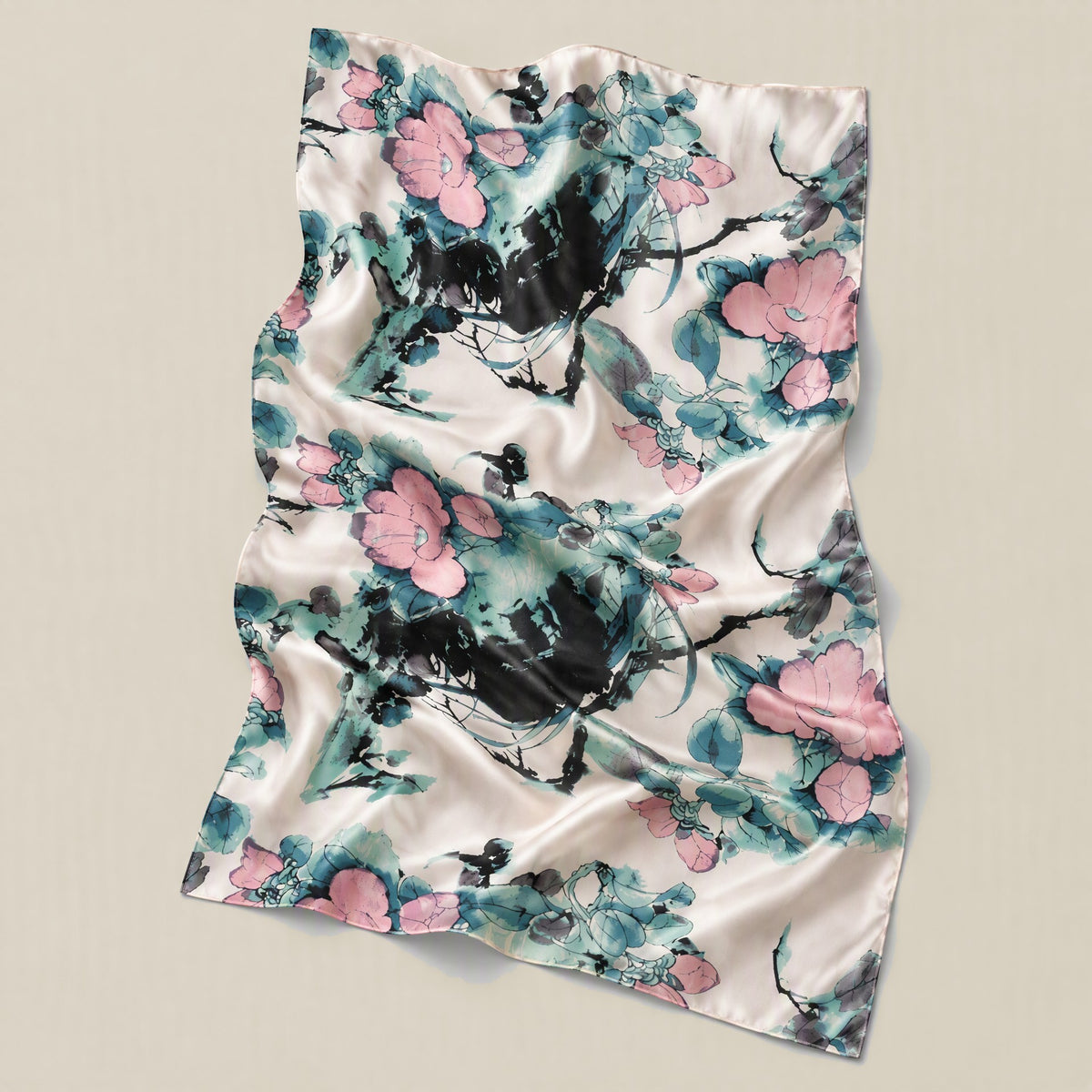 Ink Wash Peach Blossom mulberry silk scarf detail showing silk texture and print