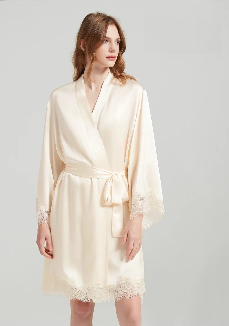 Champagne mulberry silk lace-trim robe tied at the waist, front view