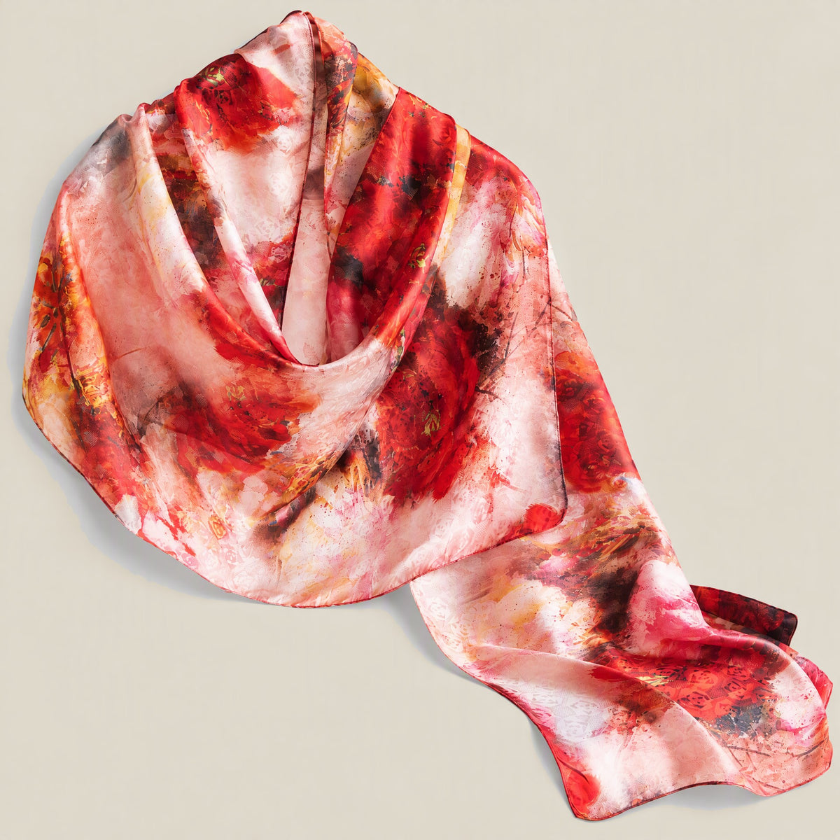 Red peony mulberry silk scarf, 22 x 67 in detail showing silk texture and print