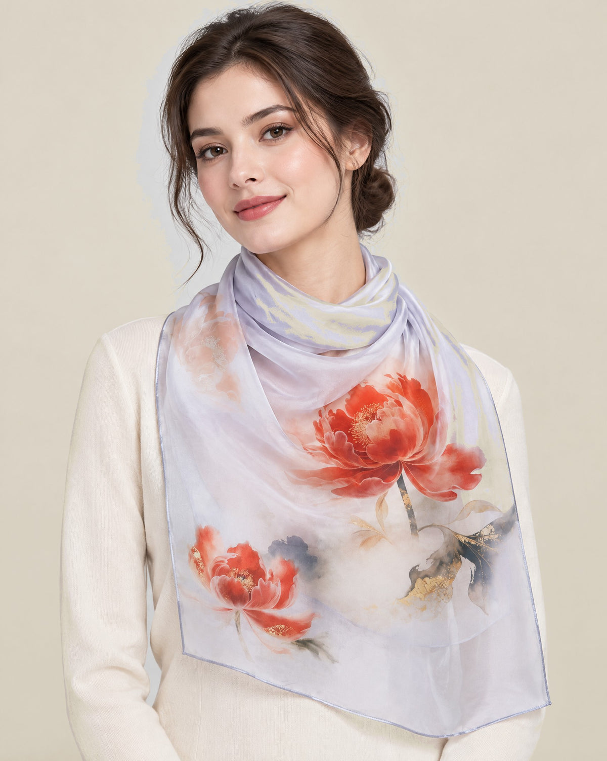Woman wearing Celestial peony mulberry silk scarf