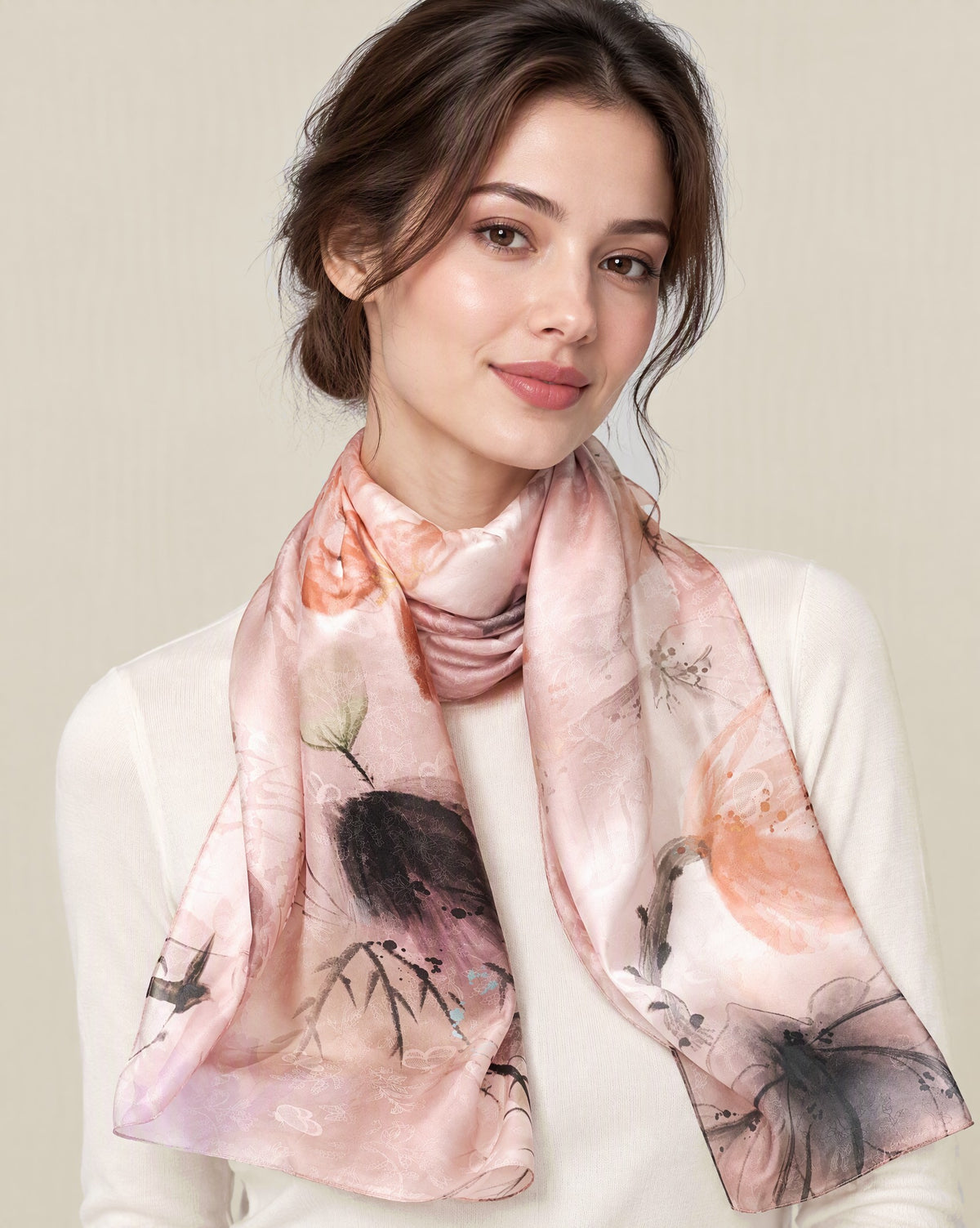Woman wearing Lotus Breeze jacquard mulberry silk scarf