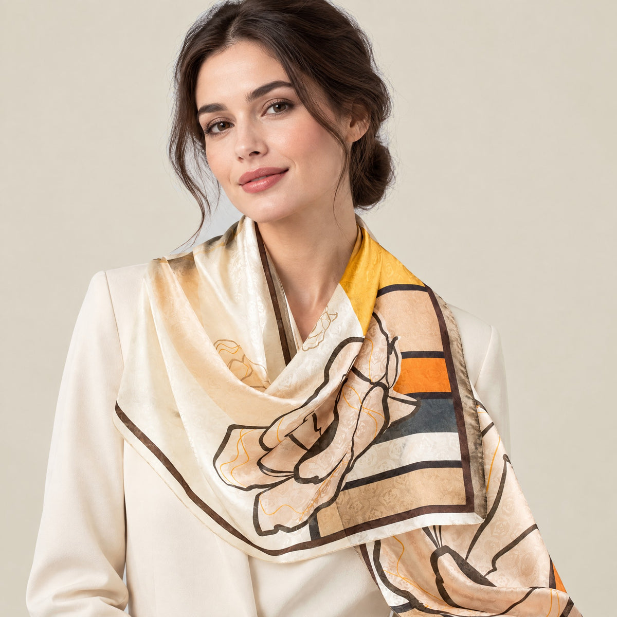 Woman wearing Yellow trim rose mulberry silk scarf