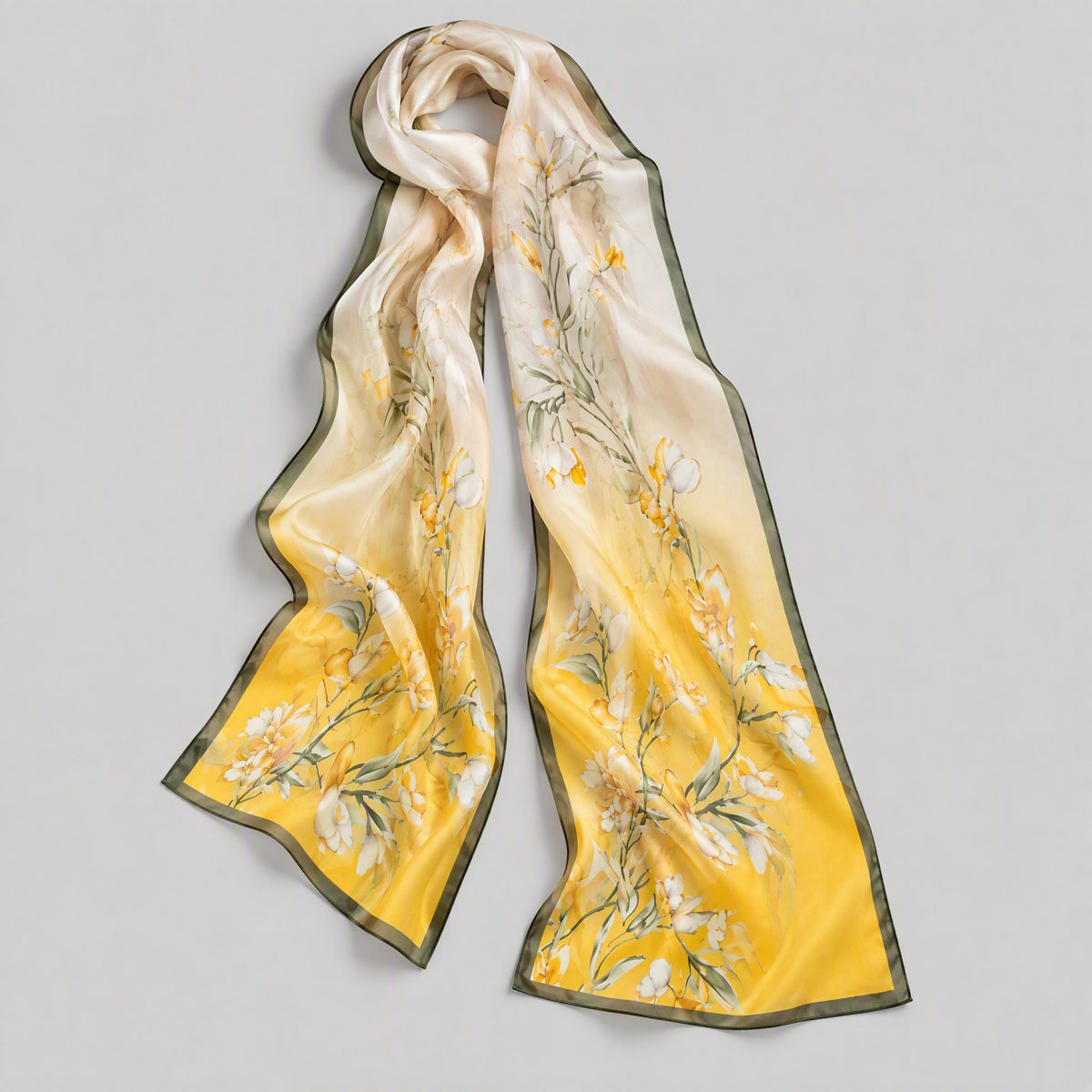 Yellow Branches Mulberry Silk Long Scarf – 16.5 x 63 in