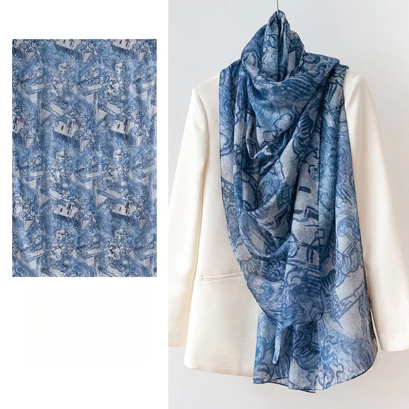 Long 100% Mulberry Silk Scarf – Bohemian Floral Lightweight Shawl, 43 x 69 in