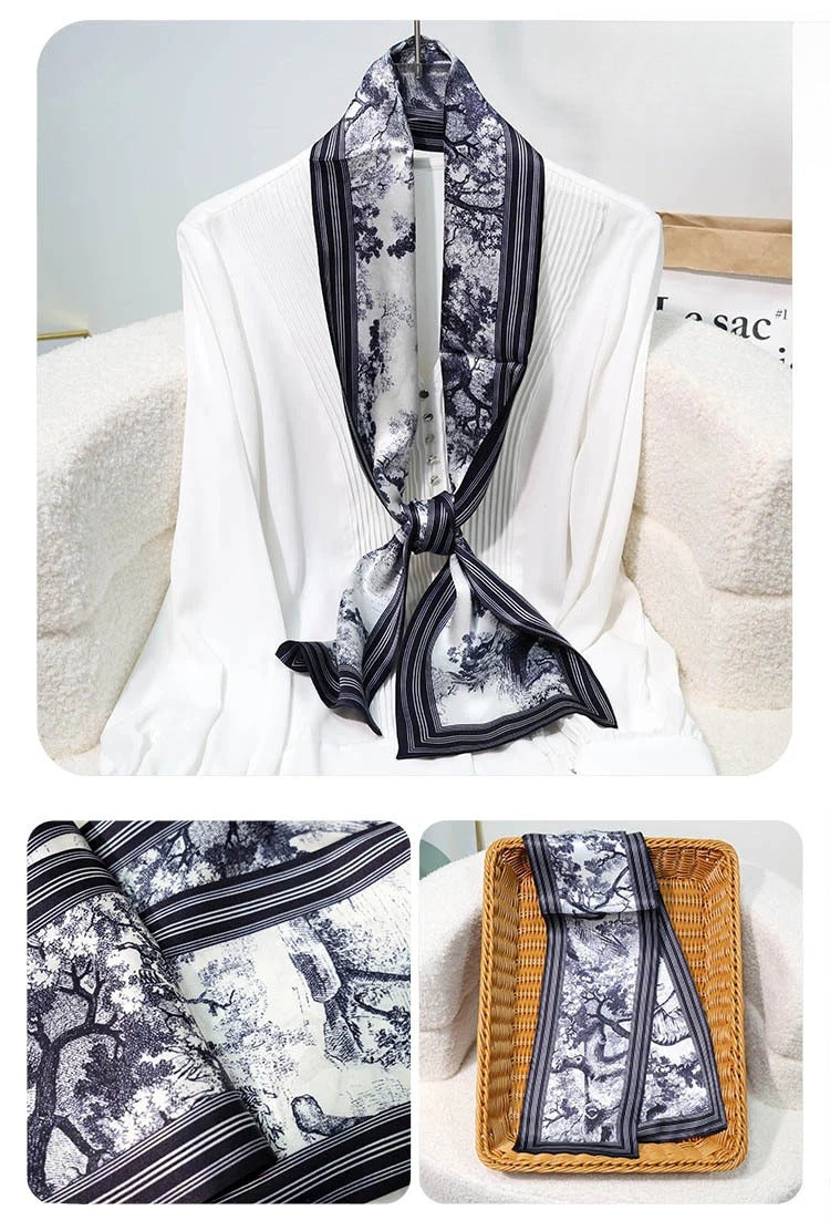 Slim 100% Mulberry Silk Scarf – Printed Lightweight Shawl, 6 x 59 in