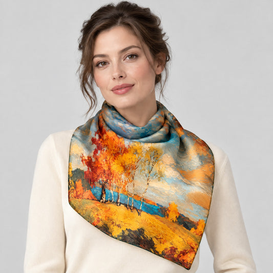 Golden Falling Leaves Mulberry Silk Square Scarf – 34 x 34 in