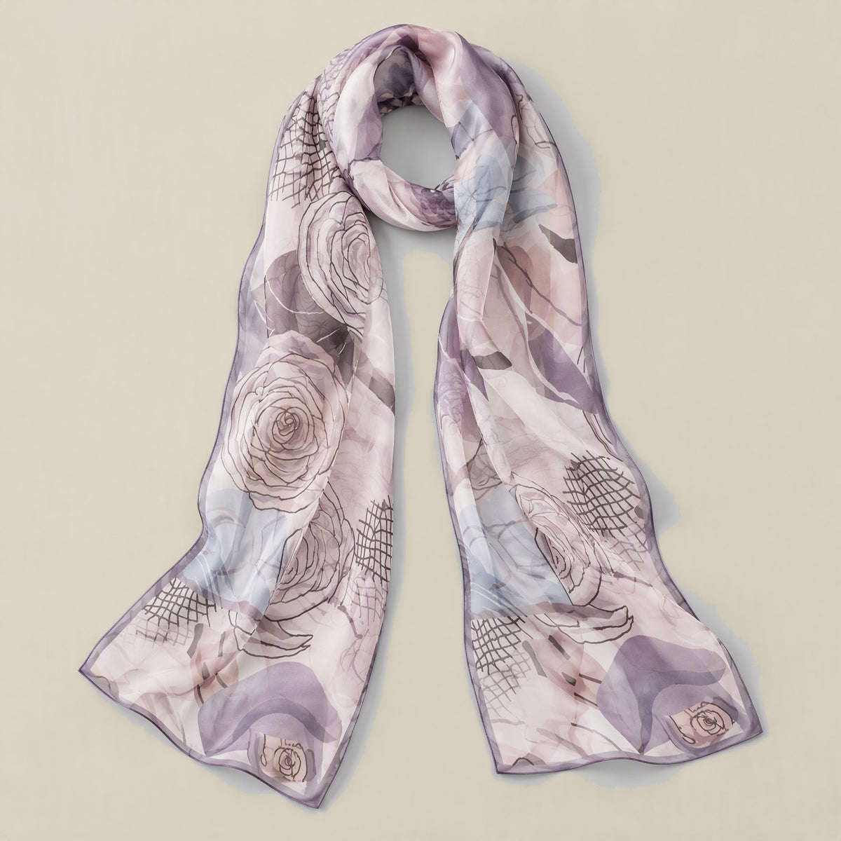 Light Purple Camellia mulberry silk long scarf detail showing silk texture and print