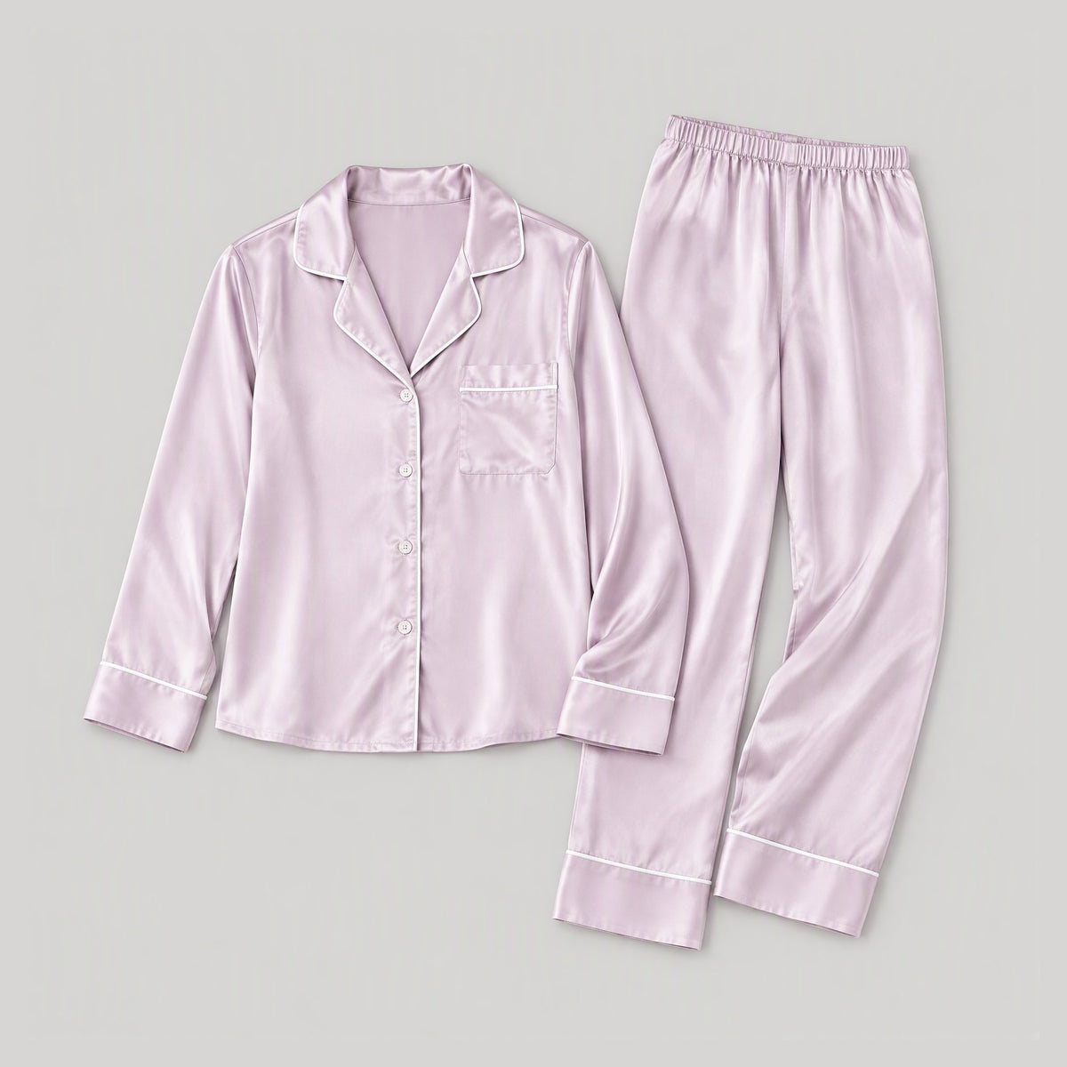 30 Momme Long Sleeve 100% Mulberry Silk Pajama Set – Button-Up with Contrast Piping