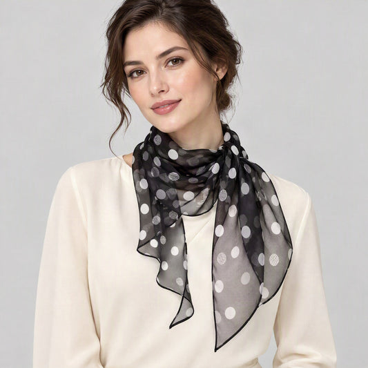 Net Dot Mulberry Silk Long Scarf – 13 x 63 in, worn tied at the neck over a cream top