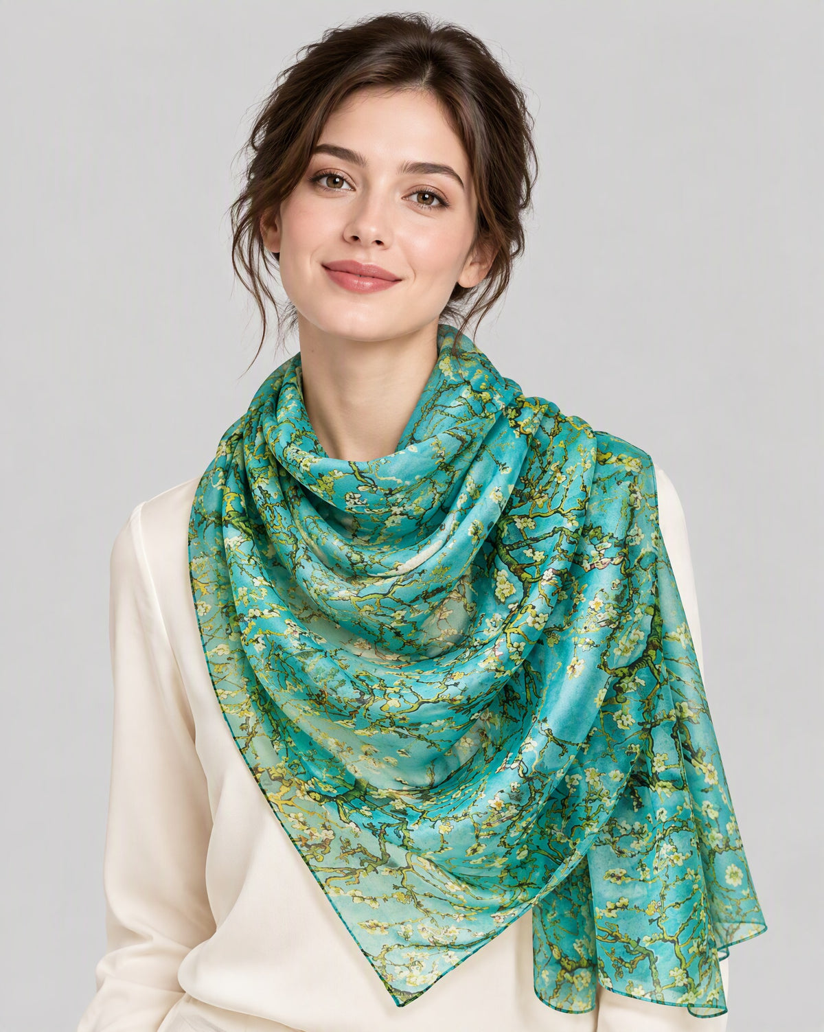 Blue Green Plum Branch Mulberry Silk Scarf – 69 x 43 in