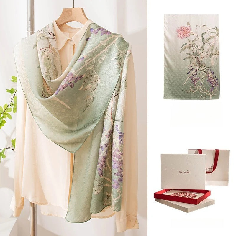 Long 100% Mulberry Silk Scarf – Floral Print Pashmina Wrap, 22 x 67 in, Gift Boxed