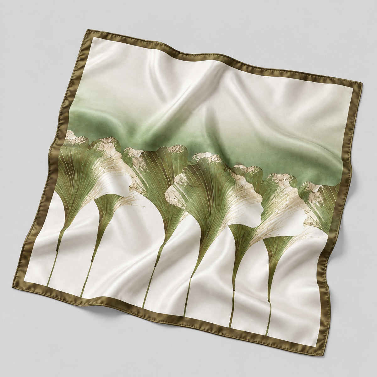 Dark Green Ginkgo Mulberry Silk Square Scarf – 21 x 21 in