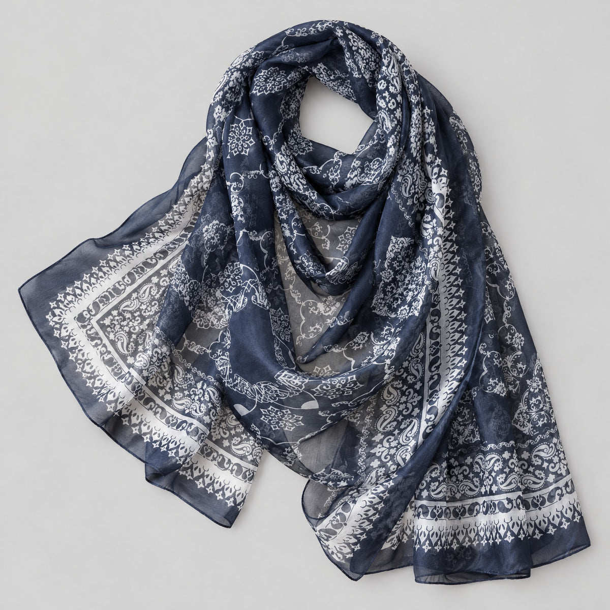 Navy Vintage Print Mulberry Silk Oversized Scarf – 69 x 43 in