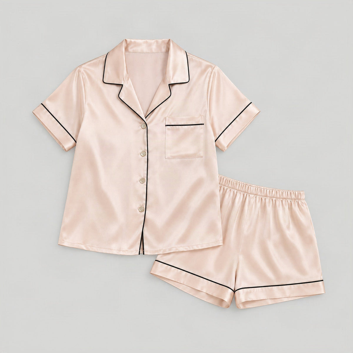 Light Apricot 19 Momme Short Sleeve 100% Mulberry Silk Pajama Set – Notched Collar with Shorts