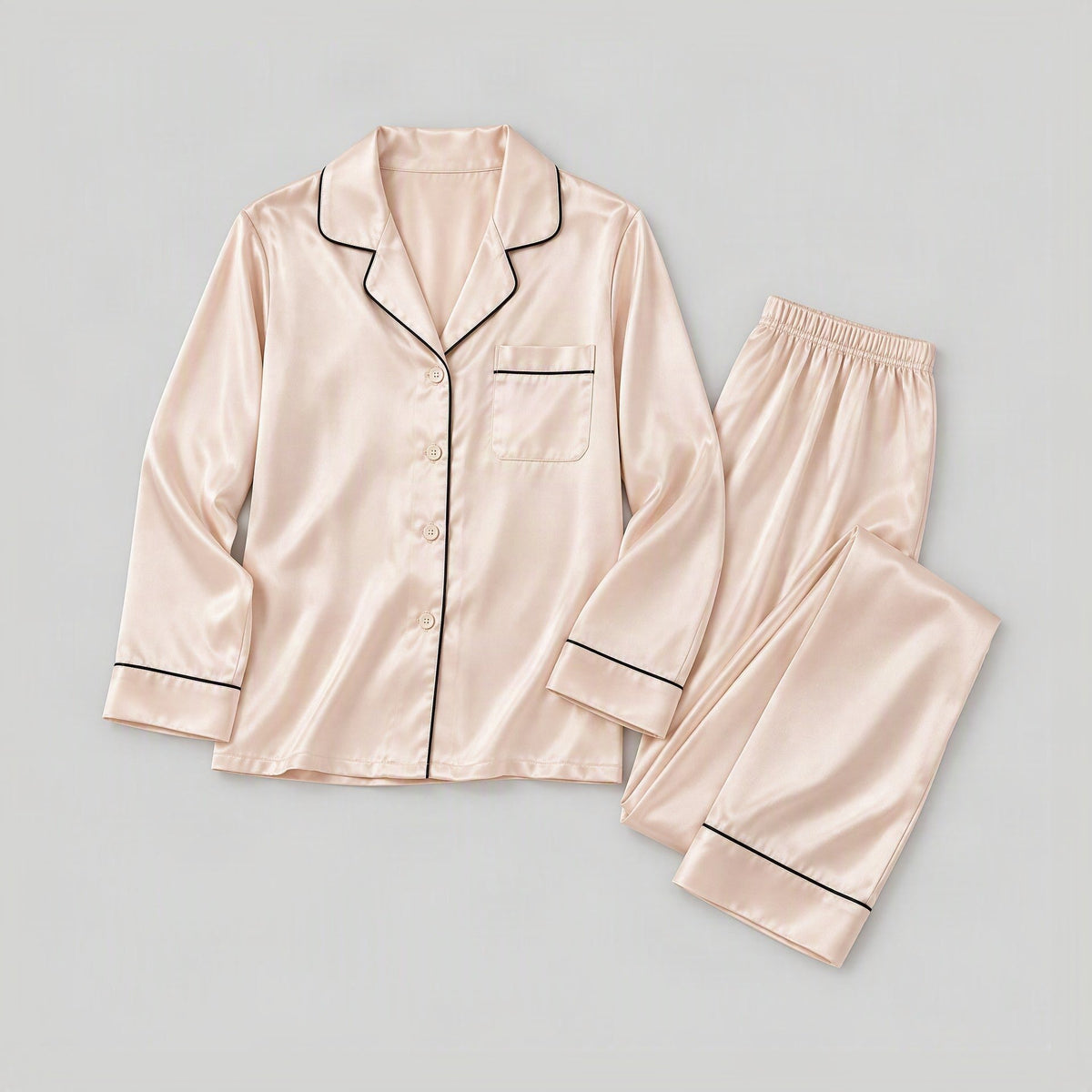 Light Apricot 19 Momme Long Sleeve 100% Mulberry Silk Pajama Set – Notch Lapel Loungewear
