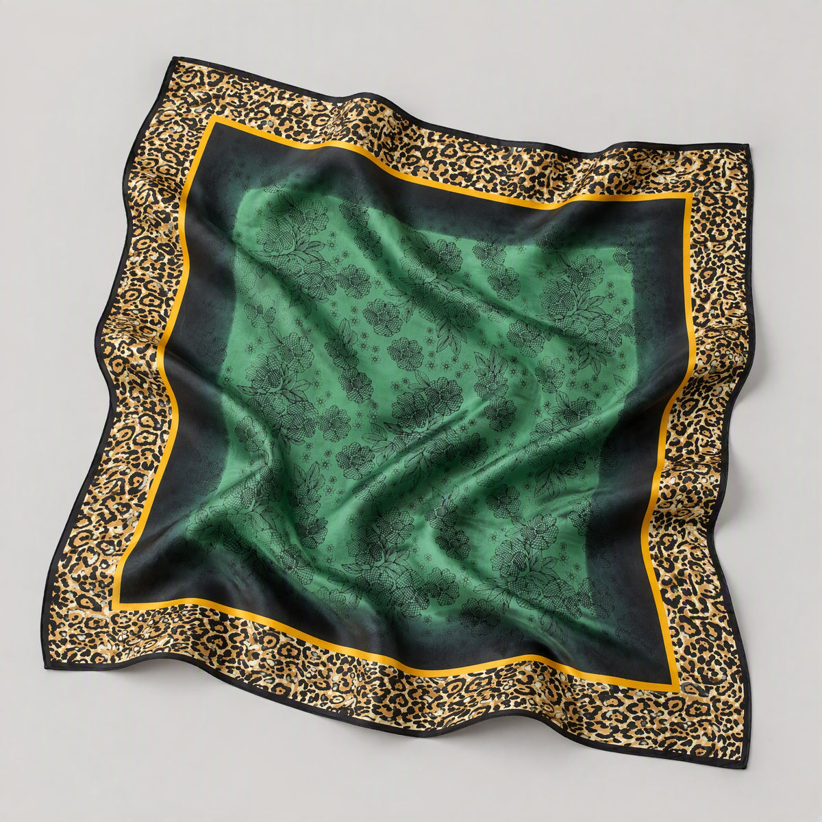 Green Frame Leopard Mulberry Silk Square Scarf – 26 x 26 in