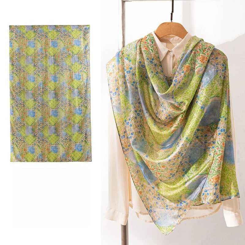 Long 100% Mulberry Silk Scarf – Bohemian Floral Lightweight Shawl, 43 x 69 in