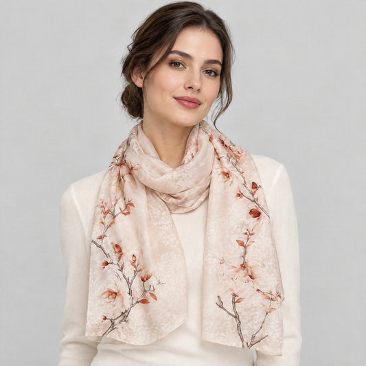 Magnolia Jacquard Mulberry Silk Scarf – 43 x 75 in, worn tied at the neck over a cream top