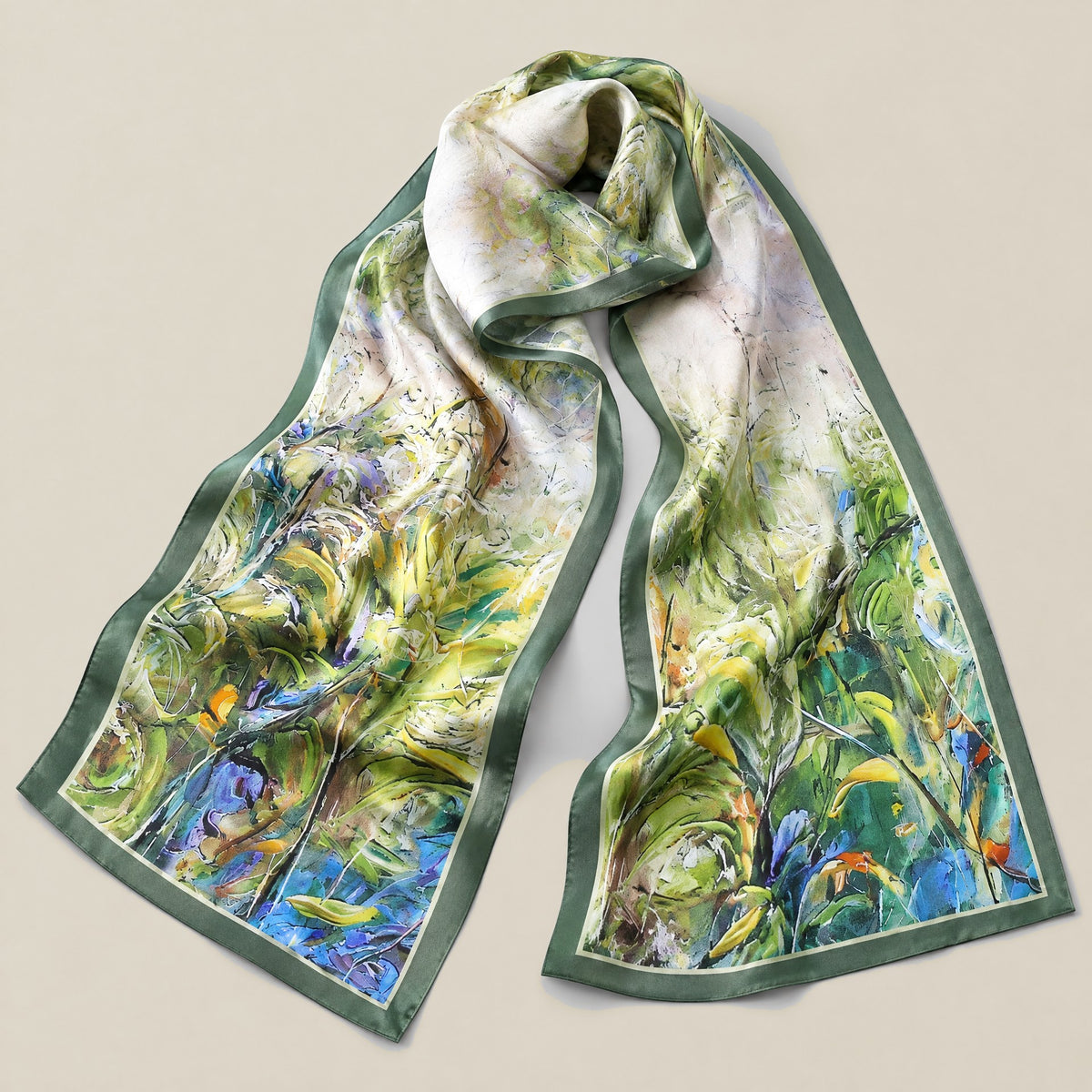 Green Rhapsody slim mulberry silk scarf detail showing silk texture and print