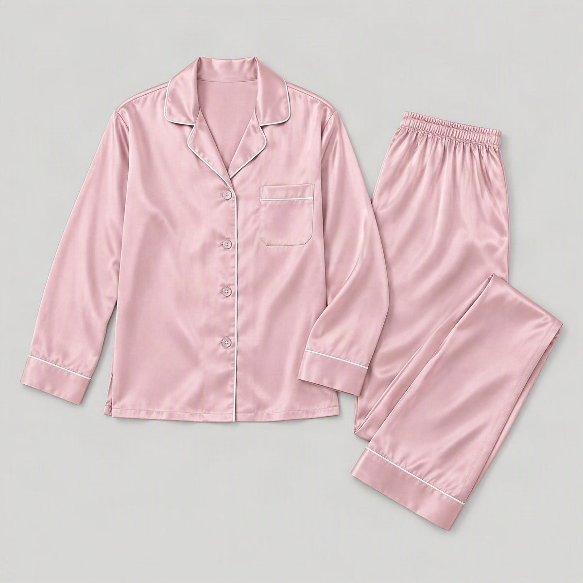 Mulberry silk pajama set laid flat, full garment view