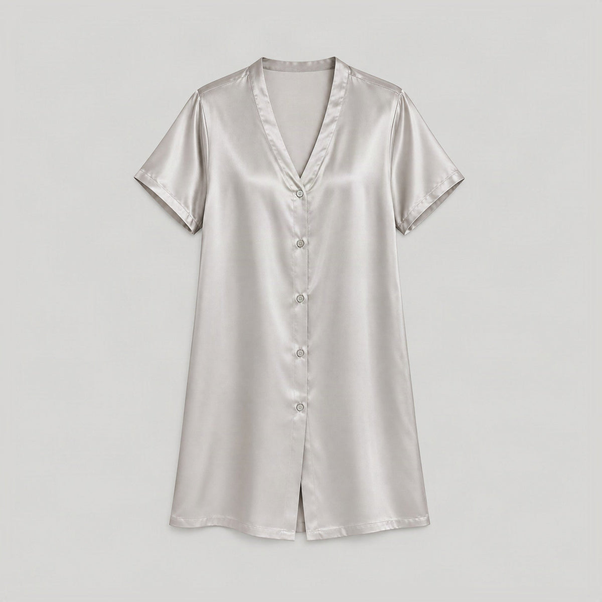 Grey 19 Momme 100% Mulberry Silk Nightgown – Collarless Button-Front Sleep Dress